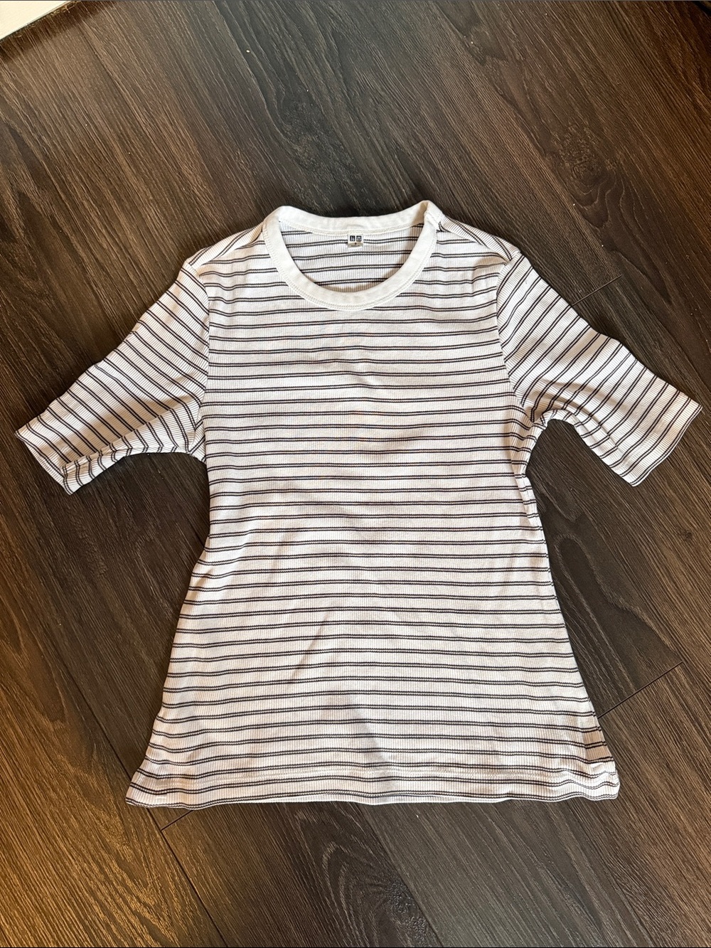 Womens Striped Short Sleeve Tee - White with Thin Black Stripes